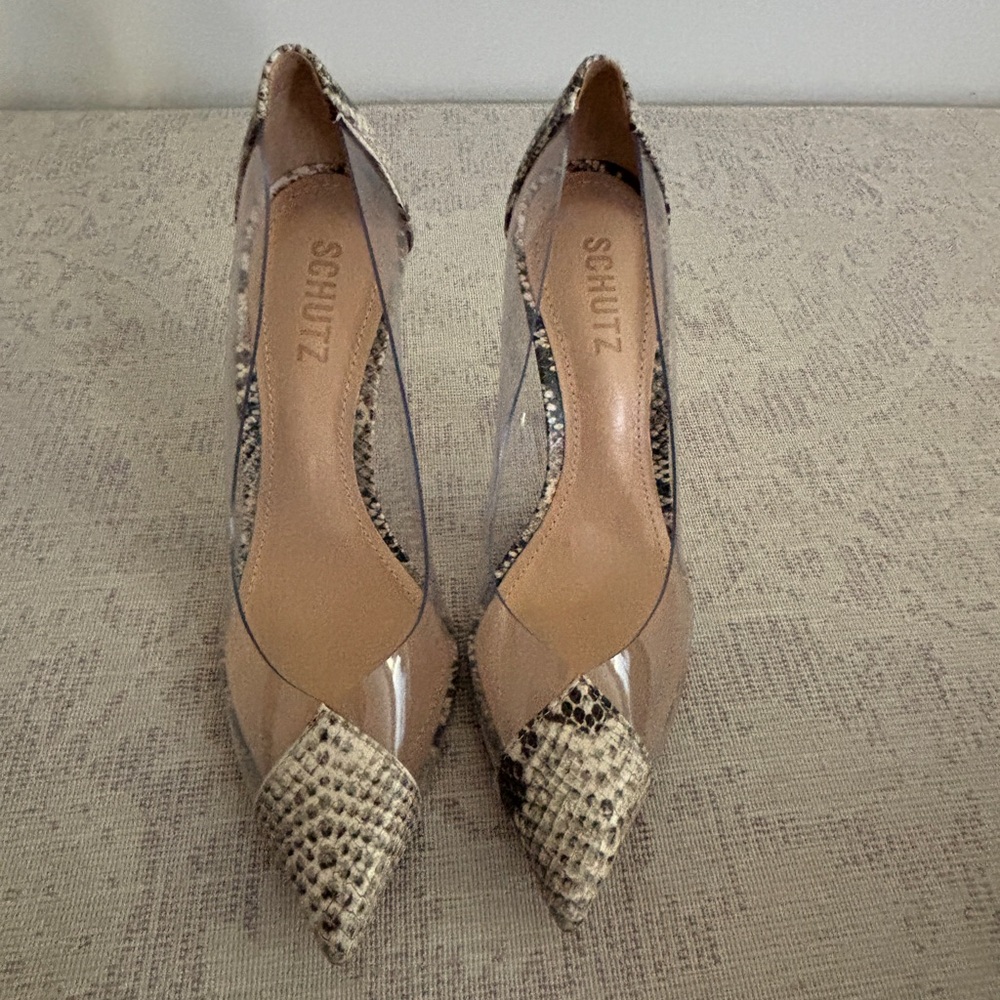 SCHUTZ Snakeskin and Clear Pointed Heels